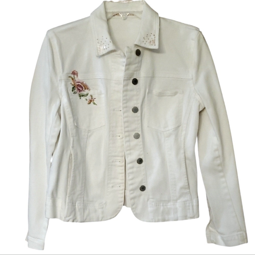 Kikit Floral Embroidered White Denim Button Up Jacket Size Small